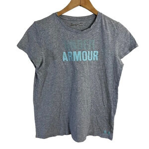 Under Armour Womens Gray T Shirt Turquoise Blue Graphic Short Sleeves Pullover